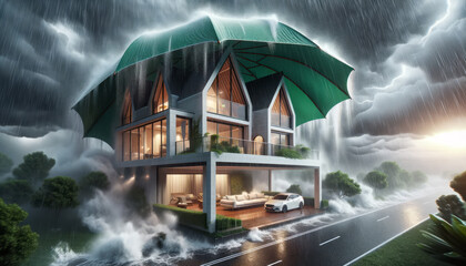 House covered with green umbrella to protect it from rain and storm. Flood on the streets. Concept of home insurance. Ai generative