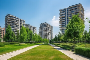 Modern residential buildings in public green areas. Apartment buildings in Europe. Beautiful view of real estate houses. Business district in summer. Hiking area with trees and grass. Generative AI