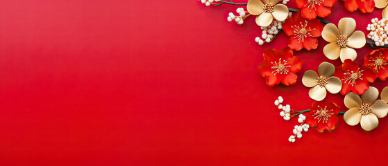 Red and gold paper flowers Chinese decoration background for 2026 lunar new year concept