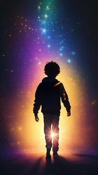silhouette of a child with colorful starlight video animation, seamless looping video background animation	