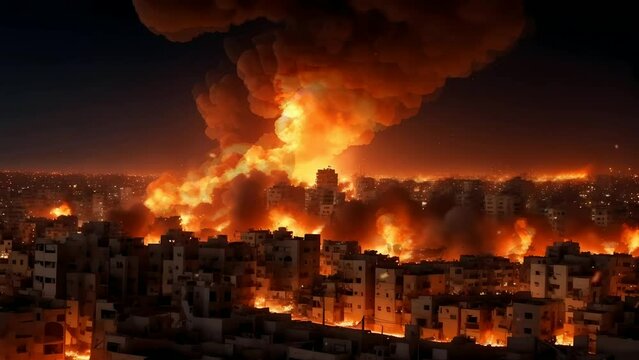 fire burning in the night in the war city, seamless looping video background animation	