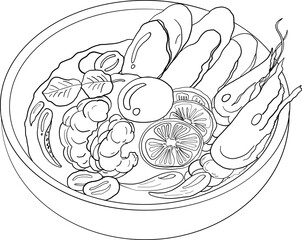 Traditional Thai food for printing on wallpaper.Vector of Tom yum kung soup illustration.Asian food.Hand drawn asian food on white isolated background.Seafood illustration for elements on menu.