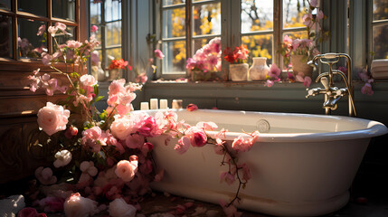 Bathroom decorated with fresh flowers around it