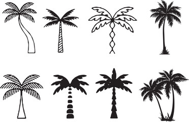 set of different icons set of palm tree or Arecaceae, propical branch, beach, bush, tropical