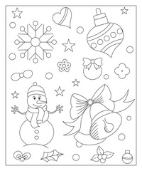 Coloring page of a decorated Christmas tree, shanta claus, ball, bell, snowman and gifts. Vector black and white illustration on white background.