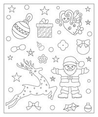 Coloring page of a decorated Christmas tree, shanta claus, ball, bell, snowman and gifts. Vector black and white illustration on white background.