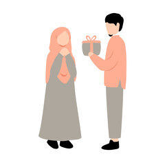 Romantic marriage moslem couple giving gift vector illustration