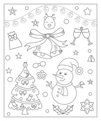 Coloring page of a decorated Christmas tree, shanta claus, ball, bell, snowman and gifts. Vector black and white illustration on white background.