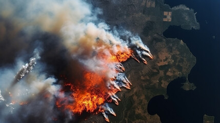 Aerial view from space of ecological disaster of fires. ai generative