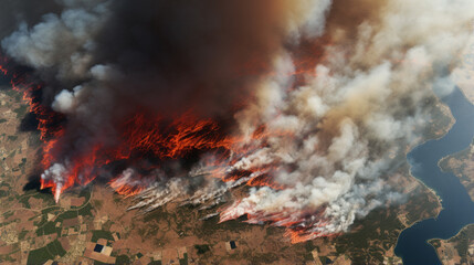 Aerial view from space of ecological disaster of fires. ai generative