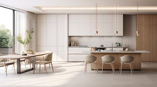 kitchen and dining area with white cabinets and white walls, in the style of the song dynasty