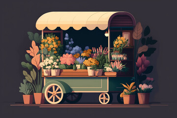 Street market stall with flowers. Outdoor local fair kiosk vector illustration. Store with flowers in vases and plants in pots. Wrapping paper, postacrds, bouquets - obrazy, fototapety, plakaty