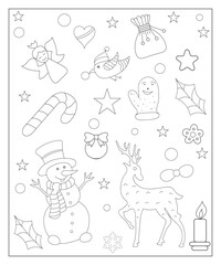 Coloring page of a decorated Christmas tree, shanta claus, ball, bell, snowman and gifts. Vector black and white illustration on white background.