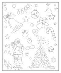 Coloring page of a decorated Christmas tree, shanta claus, ball, bell, snowman and gifts. Vector black and white illustration on white background.