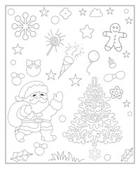 Fototapeta premium Coloring page of a decorated Christmas tree, shanta claus, ball, bell, snowman and gifts. Vector black and white illustration on white background.