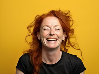 Portrait of a Happy Fictional Beautiful Middle-Aged Woman Model Smiling Candidly. Isolated on a Plain Colored Background. Generative AI. 