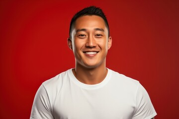 Fototapeta premium Portrait of a Happy Fictional Cute Asian Man Model Smiling Candidly. Isolated on a Plain Colored Background. Generative AI. 