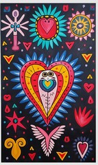 Fototapeta na wymiar Tribal Art, simple painting, folk art style, modern acrylic paint, childlike art, hand painted colourful, South American, Central American, bold colours, boho, graffiti style art