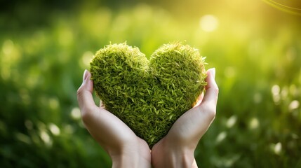 Tender hand cradling a heart against a lush grassy backdrop