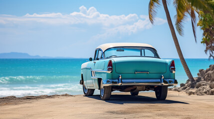 Classic car's rear view, parked by a serene tropical shoreline - obrazy, fototapety, plakaty