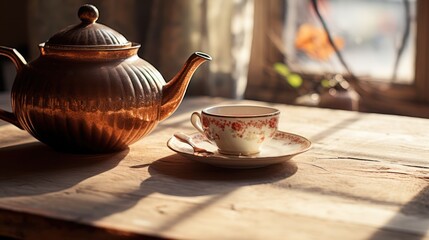 Vintage teapot beside scattered tea on a sunlit tabletop