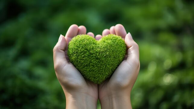Tender hand cradling a heart against a lush grassy backdrop