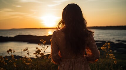 Fototapeta premium Hopeful woman, lost in the serenity of a seaside sunset