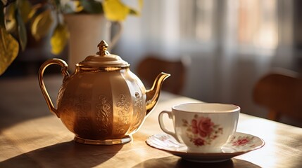 Vintage teapot beside scattered tea on a sunlit tabletop
