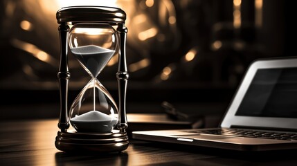 An hourglass atop a laptop, symbolizing time's essence and looming deadlines