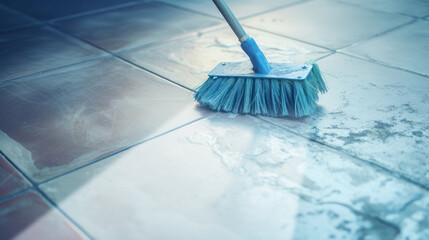 Diligent hands transforming tiles with a mop's sweep