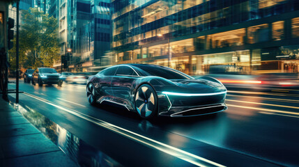 Fototapeta na wymiar Futuristic cars navigating green avenues, the epitome of wireless innovation