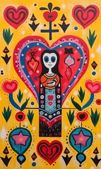Mexican Folk Art Illustration Day of the Dead, Exvoto art, ex voto, colourful painting, bright colours, cultural art, Central America, South America, Religious art