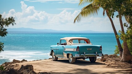Fototapeta na wymiar Classic car's rear view, parked by a serene tropical shoreline