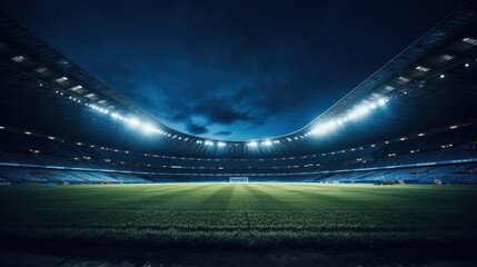 Vast soccer stadium, illuminated and awaiting action under the night sky - obrazy, fototapety, plakaty
