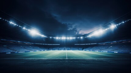 Fototapeta na wymiar Vast soccer stadium, illuminated and awaiting action under the night sky