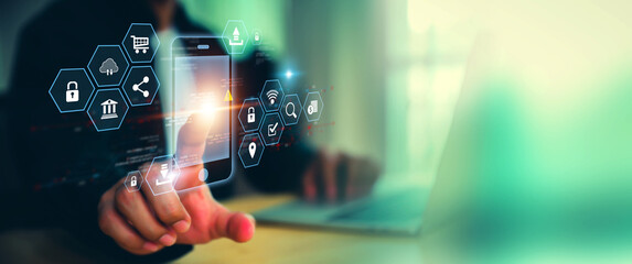 Digital marketing with graph and social media technology for growth planning or internet mobile banking bill payment or online shopping or financial cyber security and customer service concept.