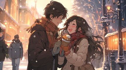 Anime style illustration of a couple on a date in winter - obrazy, fototapety, plakaty