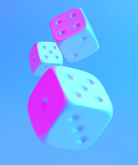 3d illustration of white dices floating in the air on blue background with holographic lighting.