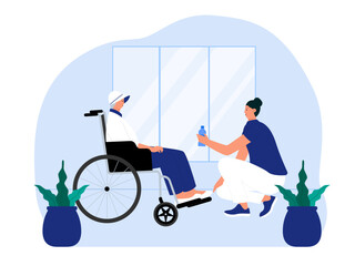 Social activity vector illustration. Woman help the elderly illustration.