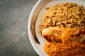 grilled chicken steak with red curry sauce and rice