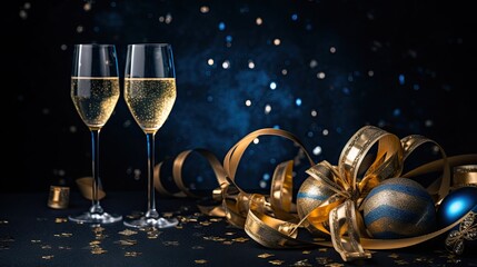 glamour champagne with gold ribbon on the black background AI Generative