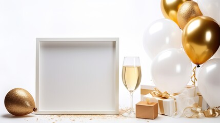 Luxury white frame with champagne and balloon on the white background AI Generative