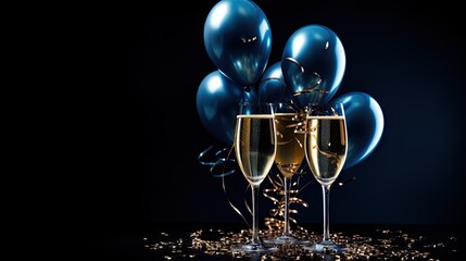 Portrait champagne with balloons on the dark blue background AI Generative