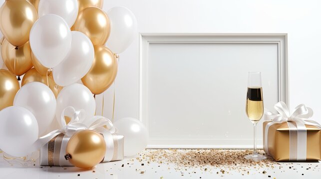 Luxury white frame with champagne and balloon on the white background AI Generative