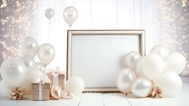 Luxury white frame with balloon on the white background AI Generative