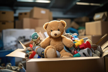 a box with a teddy bear in it with stuffed toys in the background, Old toys are thrown away