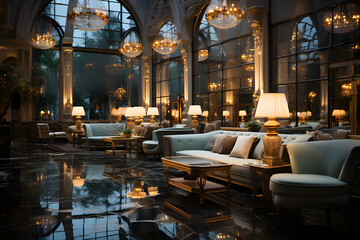 Fototapeta na wymiar the opulent lobby of a luxury hotel. Crystal chandeliers cast a warm glow on marble floors, generative AI