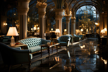  the opulent lobby of a luxury hotel. Crystal chandeliers cast a warm glow on marble floors, generative AI