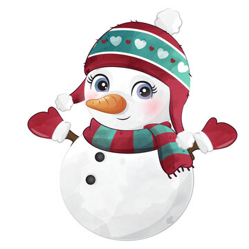 Cute Christmas snowman watercolor illustration