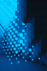 Obraz premium Abstract background of blue neon cyber cubes at night in the room. Artificial intelligence pixels abstract background. 3d rendering illustration.